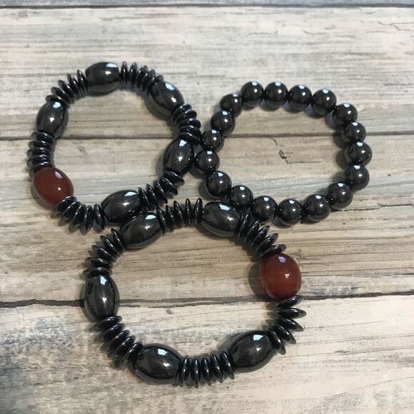 Hematite Carnelian Beads Bracelet Healing Magnetic stretch NWOT Lot‎ of 3 - Picture 1 of 7